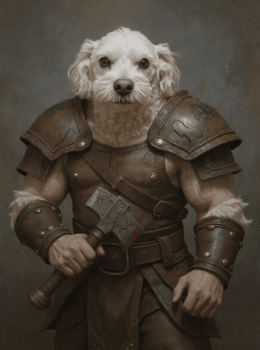 Dog transformed into a DnD Barbarian portrait
