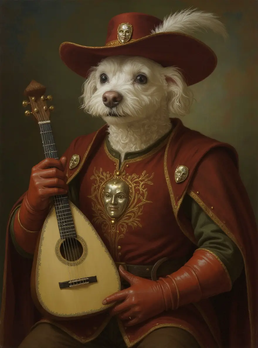 Dog transformed into a DnD Bard portrait